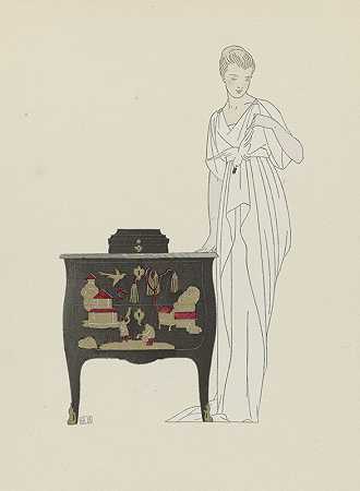 漆器梳妆台沃思的晚礼服。`La Commode en Laque. ; Robe du soir de Worth. (1914) by Bernard Boutet de Monvel