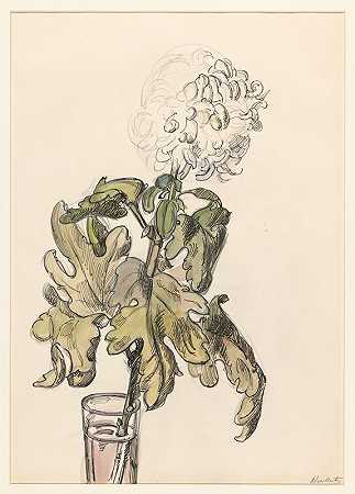 花瓶里盛开的菊花`Bloeiende chrysant, in een vaasje (1872 ~ 1950) by Barbara Elisabeth van Houten