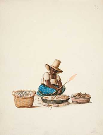 印度女人煮鱼`Indian Woman Cooking Fish (ca. 1850) by Francisco Fierro