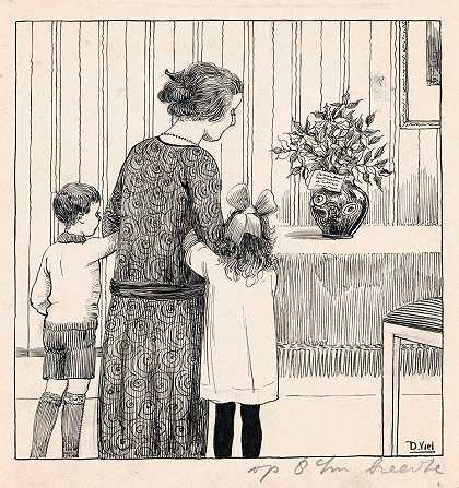 哈伊布、姐姐和莫看着一束冬青`Huib, Zus en Moes kijken naar een boeket met hulst (1924) by D. Viel