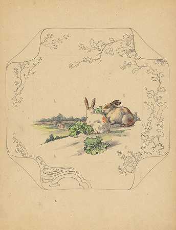 带两只兔子的“正方形”模特板的设计`Ontwerp voor bord van het model ‘Square’ met twee konijnen (c. 1875 ~ c. 1880) by Albert Louis Dammouse