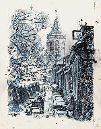 街上可以看到蒙尼肯达姆的圣尼古拉斯教堂`Straatje met gezicht op de St. Nicolaaskerk te Monnickendam (1938) by Martin Monnickendam
