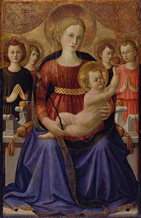 童贞女和孩子，还有四位天使和救世主`Virgin and Child with Four Angels and the Redeemer (ca. 1450) by Zanobi Strozzi