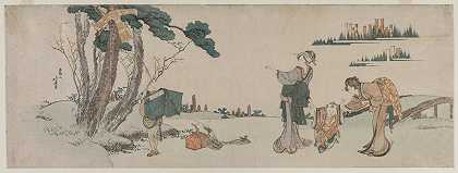 当孩子的风筝被树夹住时，女人会分散孩子的注意力`Women Distracting a Child whose Kite is caught in a Tree (c. 1800) by Katsushika Hokusai