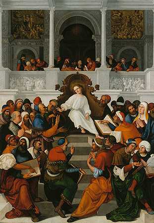 十二岁的耶稣在圣殿里教书`The Twelve~Year~Old Jesus Teaching in the Temple (1524) by Ludovico Mazzolino