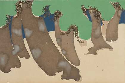 风吹松树（Sonarematsu）`Windswept Pines (Sonarematsu) (1909~1910) by Kamisaka Sekka