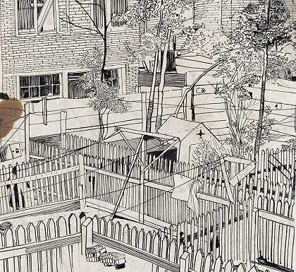 有木栅栏和花园的庭院`Binnenplaats met houten hekken en tuintjes (1874) by Carel Adolph Lion Cachet