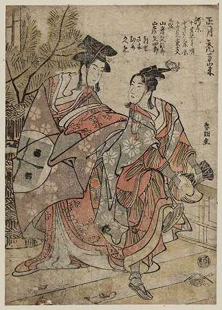 卡穆罗·曼扎伊`Shōgastu kamuro manzai (1791) by Katsushika Hokusai