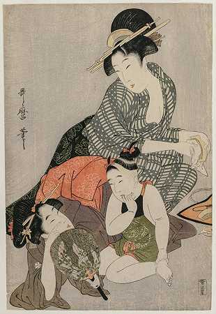 清洁梳子`Cleaning Combs (c. late 1790s) by Kitagawa Utamaro