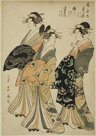 花宫、世川、宫仁的妓女`The Courtesans Hanaogi, Segawa, and Miyahito of the Ogiya (c. 1796~97) by Chokosai Eisho