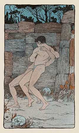 最后，科昆生气了，抓住了忒修斯的脖子`At last Kerkoun grew angry and caught Theseus round the neck (1901) by Maud Hunt Squire