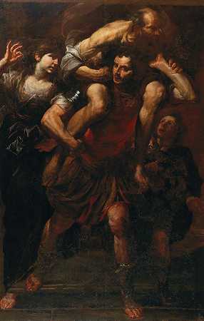 埃涅阿斯逃离燃烧的特洛伊城`Aeneas fleeing the burning Troy by Gioacchino Assereto