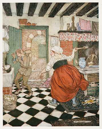 他被扫帚或勺子打了很多次`Many’s the beating he had from the broomstick or the ladle (1927) by Arthur Rackham