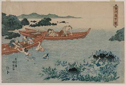 伊瑟海岸的鲍鱼潜水员，来自一个无标题的景观系列`Abalone Divers off the Coast of Ise, from an Untitled Landscape Series (early 1830s) by Utagawa Kunisada (Toyokuni III)