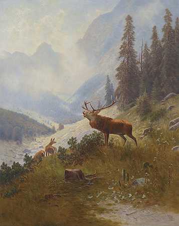 山中的块茎鹿`Röhrender Hirsch im Gebirge by Ludwig Sckell