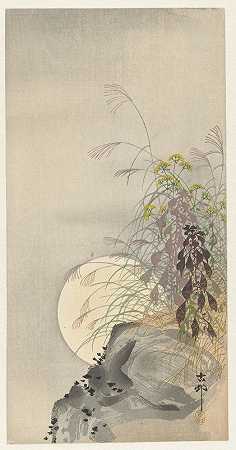 满月的草`Grasses at full moon (1900 ~ 1936) by Ohara Koson