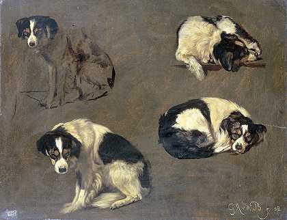 对狗的四项研究`Four Studies of a Dog (1868) by Guillaume Anne van der Brugghen