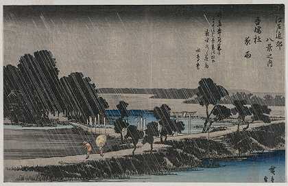 阿祖玛神社的夜雨（来自江户八景系列）`Night Rain at the Azuma Shrine (from the series Eight Views of the Environs of Edo) (mid~1830s) by Andō Hiroshige