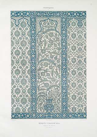 阿拉伯花纹清真寺D易卜拉希姆·阿加陶瓷面板（16世纪）`Arabesques; mosquée dIbrahym Agha; panneau en faïence (XVIe. siècle) (1877) by Émile Prisse d;Avennes