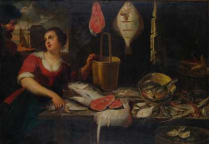 厨房里的两个人物画着一条鱼的静物画`Two figures in a kitchen interior with a fish still life (17th Century) by Flemish School