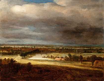 一个村庄的全景景观`Panoramic Landscape with a Village (circa 1648~1649) by Philips Koninck