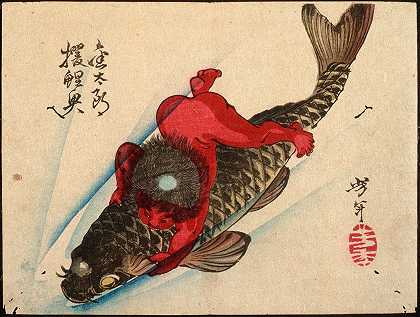 金塔罗捕获了鲤鱼`Kintarō Captures the Carp (1881) by Tsukioka Yoshitoshi