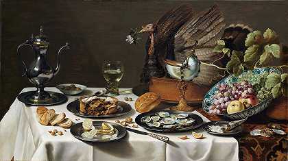 火鸡派的静物画`Still Life with a Turkey Pie (1627) by Pieter Claesz