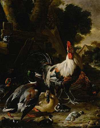院子里的鸭子、母鸡和其他家禽`Ducks, hens and other fowl in a yard by Melchior d;Hondecoeter