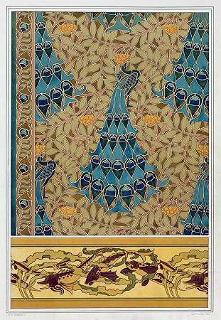 孔雀在山梨树上，模具鱼和海藻，边缘`Paons dans les sorbiers, pochoir; poissons et algues, bordure (1897) by Maurice Pillard Verneuil