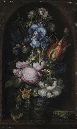 石龛里的一束花`Bouquet Of Flowers In A Stone Niche (1619 ~ 1620) by Roelant Savery