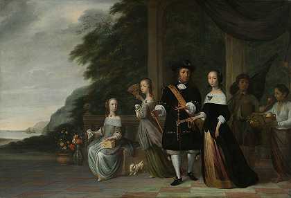 彼得·克诺尔、科妮莉亚·范·尼杰罗德、她们的女儿和两个被奴役的仆人`Pieter Cnoll, Cornelia van Nijenrode, their Daughters and Two Enslaved Servants (1665) by Jacob Coeman