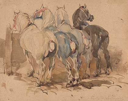 马厩里的马`Horses at the manger (1845) by Piotr Michałowski
