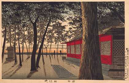神田神社黎明`Daybreak at Shrine, Kanda (1880) by Kobayashi Kiyochika