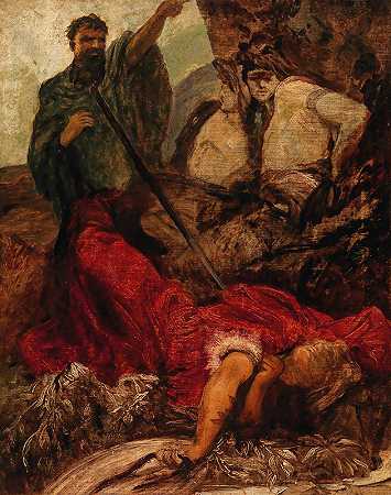 西格弗里德之死，巨人黑根将西格弗里德扔进峡谷`The Death of Siegfried, the Giant Hagen Throwing Siegfried into a Gorge by Hans Makart