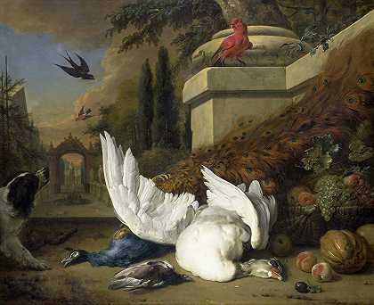 一只养着死鹅和孔雀的狗（对猎物和水果的研究）`A Dog with a dead Goose and Peacock (A Study of Game and Fruit) (c. 1700) by Jan Weenix