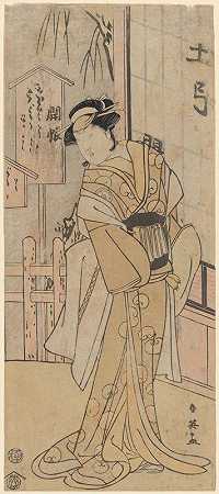 演员扮演一个腰带上系着一串字母的女人`Actor as a Woman with a String of Letters at Her Belt (late 18th century – early 19th century) by Katsukawa Shun;ei
