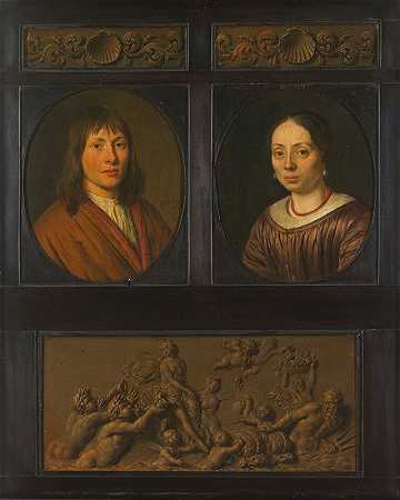 一名男子和一名女子的肖像，镶有两个装饰性的带贝壳图案的雕带微型模特和安菲特里特的胜利`Portraits of a Man and a Woman framed with two ornamental frieze miniatures with shell motif and a Triumph of Amphitrite (1678 ~ 1705) by Pieter Cornelisz van Slingelandt