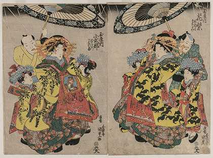 在雨中漫步的Tamaya散步的妓女花村崎和Koshikibu`The Courtesans Hanamurasaki and Koshikibu of the Tamaya Promenading in the Rain (c. early 1830s) by Utagawa Kunisada (Toyokuni III)