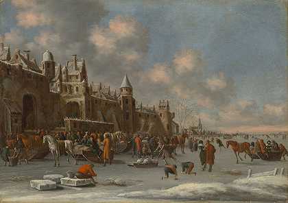 一个冬天的风景，滑冰者在靠近城墙的冰冻湖面上`A winter landscape with skaters on a frozen lake near a city wall (1687) by Thomas Heeremans