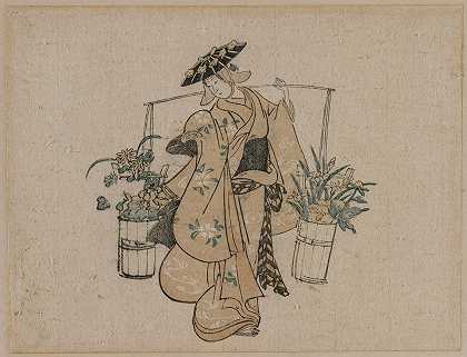 提着两桶花的美女`A Beauty Carrying Two Buckets of Flowers (c. 1696~1716) by Torii Kiyomasu