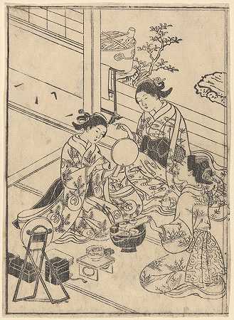 厕所里有三个带化妆包的女人`The Toilet—Three Women with Make~up Kit (1770) by Sukenobu Ishigawa