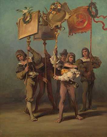 1879Ľ木匠标准手游行的设计`Entwurf zum Festzug 1879 – Standartenträger der Tischler (1879) by Hans Makart