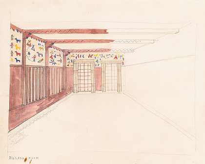 Theodore Weicker公寓楼的设计图纸。台球室草图`Design drawings for the Theodore Weicker Apartment Building. Sketch for billiard room (1926) by Winold Reiss