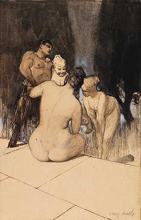 色狼与仙女和孩子`Satyr mit Nymphen und Kind (Ca. 1889) by Franz von Stuck