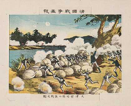 天津紫竹林激战关于中国战争的插图报道`Violent Battle at Zizhulin, Tianjin, from the series Illustrated Reports of the War in China (1900~1901) by Kasai Torajirō