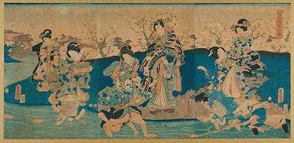 妓女和现代源氏从漂浮的杯子里喝水`Courtesans and a Modern Genji Drinking from Floating Cups (1852) by Utagawa Kunisada (Toyokuni III)