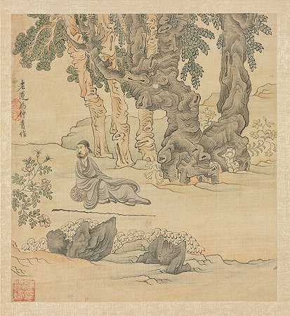 风景画中的钟情肖像`Portrait of Zhongqing in a Landscape (1598~1652) by Chen Hongshou