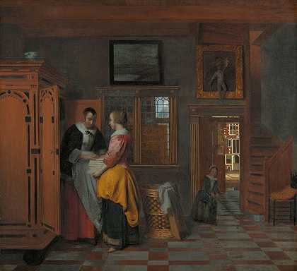 室内装饰，亚麻橱柜旁边有女士`Interior with Women beside a Linen Cupboard (1663) by Pieter De Hooch