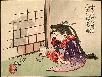 奥卡姆笑着看着蘑菇的影子`Okame Laughing at the Shadow of a Mushroom (1882) by Tsukioka Yoshitoshi