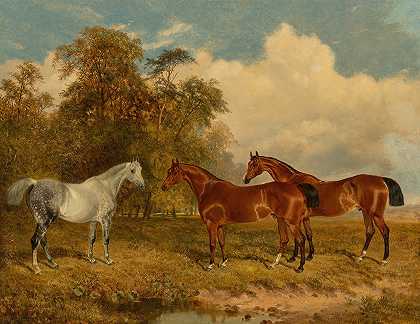 两匹海湾马和一匹斑驳的灰色马在左边有树的田野里`Two bay horses and a dappled grey in a field with trees on the left (1869) by James Walsham Baldock